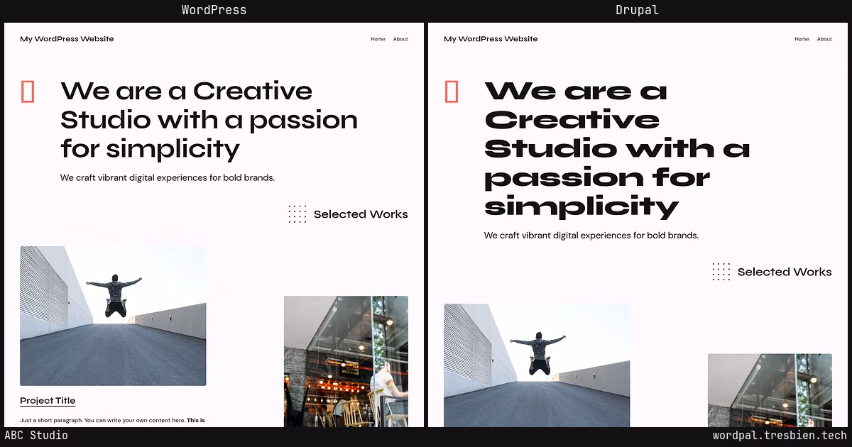ABC Studio home page: WordPress original on the left, Drupal conversion by WordPal on the right.