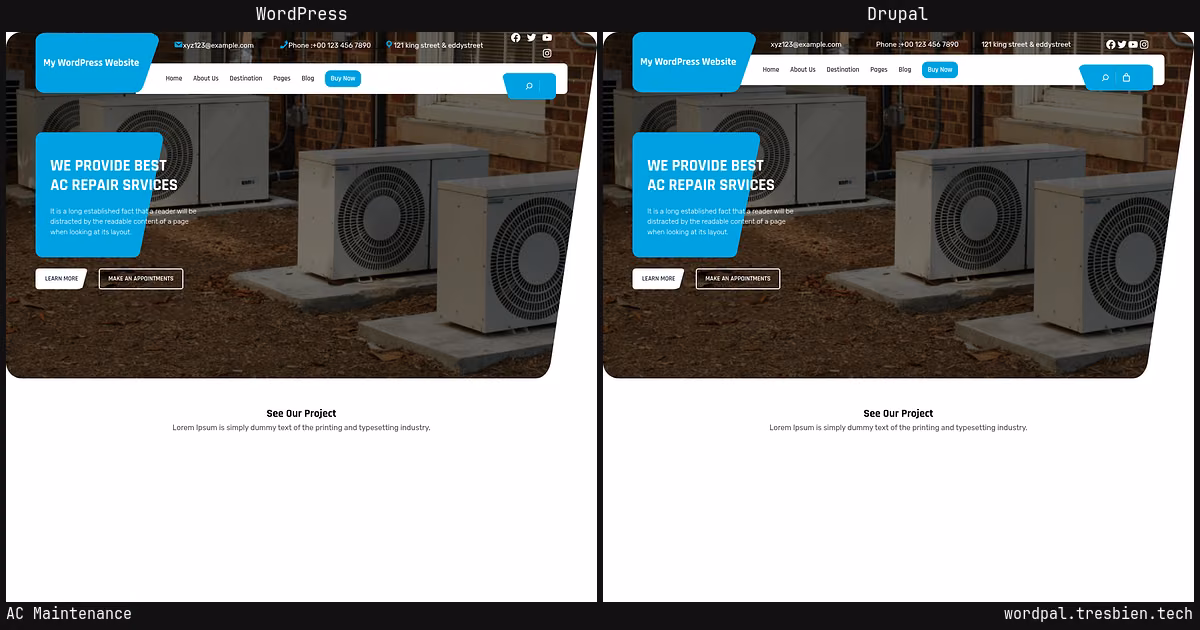 AC Maintenance home page: WordPress original on the left, Drupal conversion by WordPal on the right. 5 elements differ.