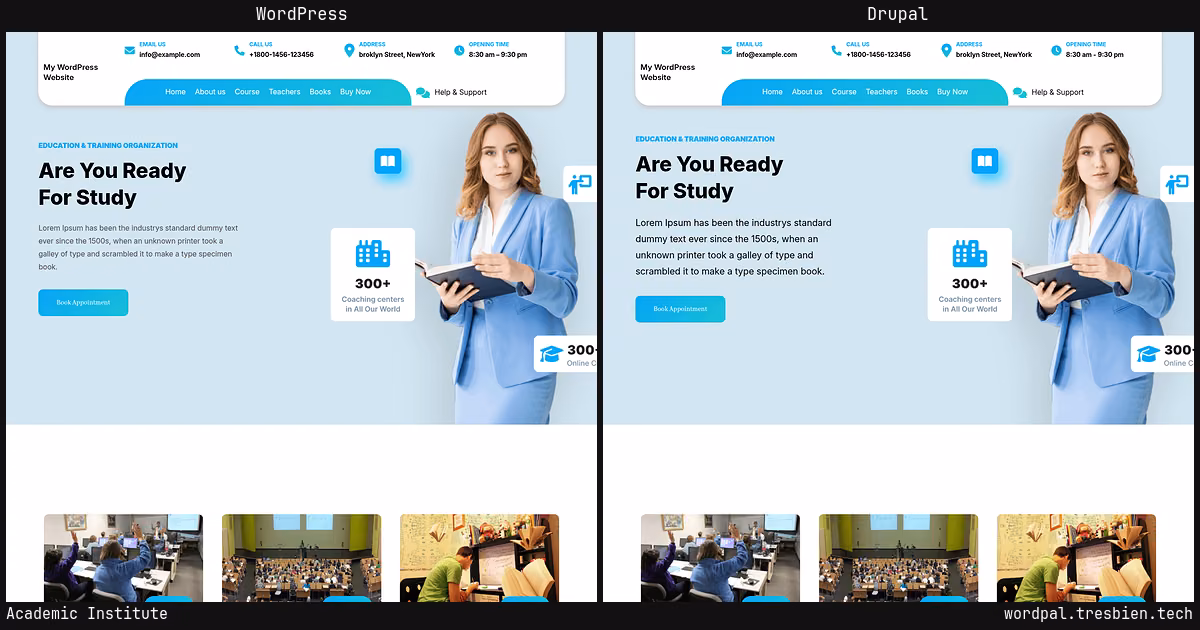 Academic Institute home page: WordPress original on the left, Drupal conversion by WordPal on the right. 10 elements differ.