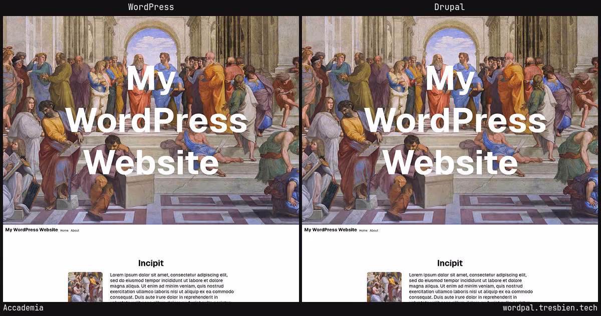 Accademia home page: WordPress original on the left, Drupal conversion by WordPal on the right. 11 elements differ.