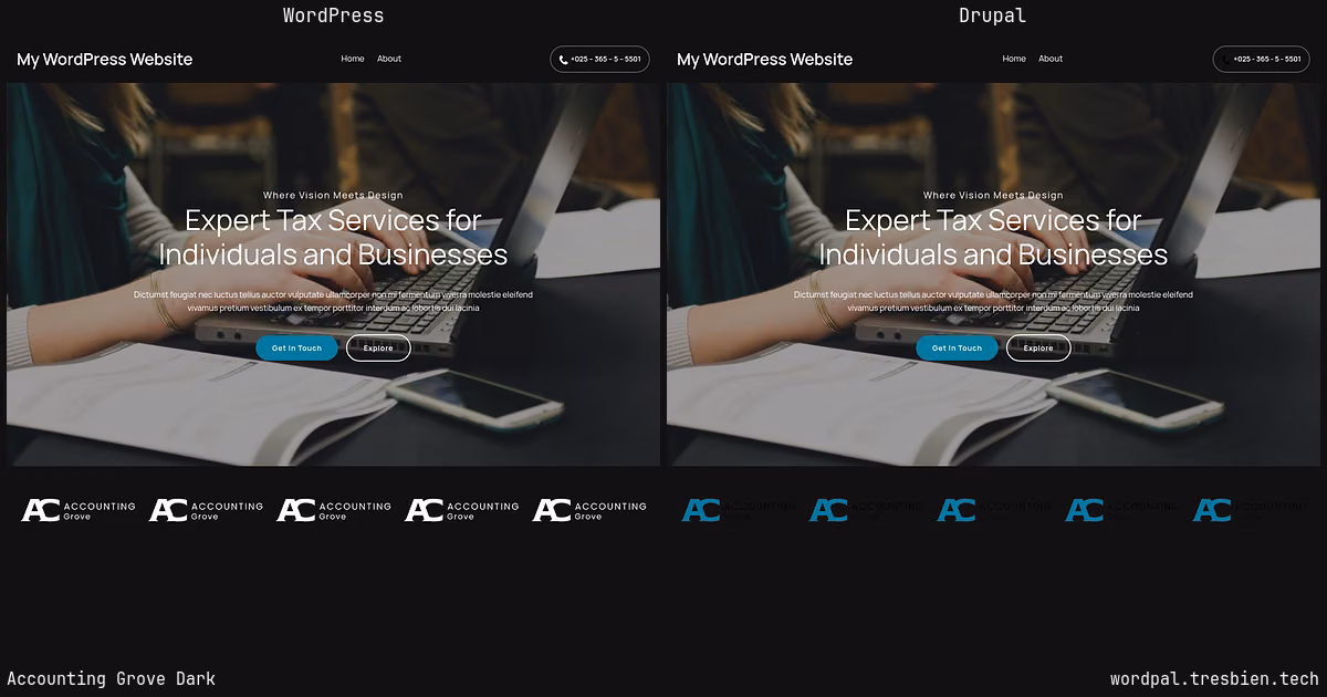 Accounting Grove Dark home page: WordPress original on the left, Drupal conversion by WordPal on the right. 6 elements differ.
