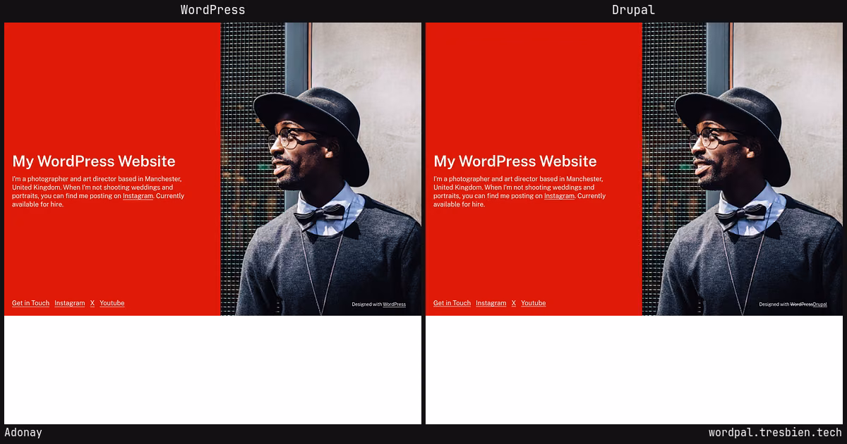 Adonay home page: WordPress original on the left, Drupal conversion by WordPal on the right.