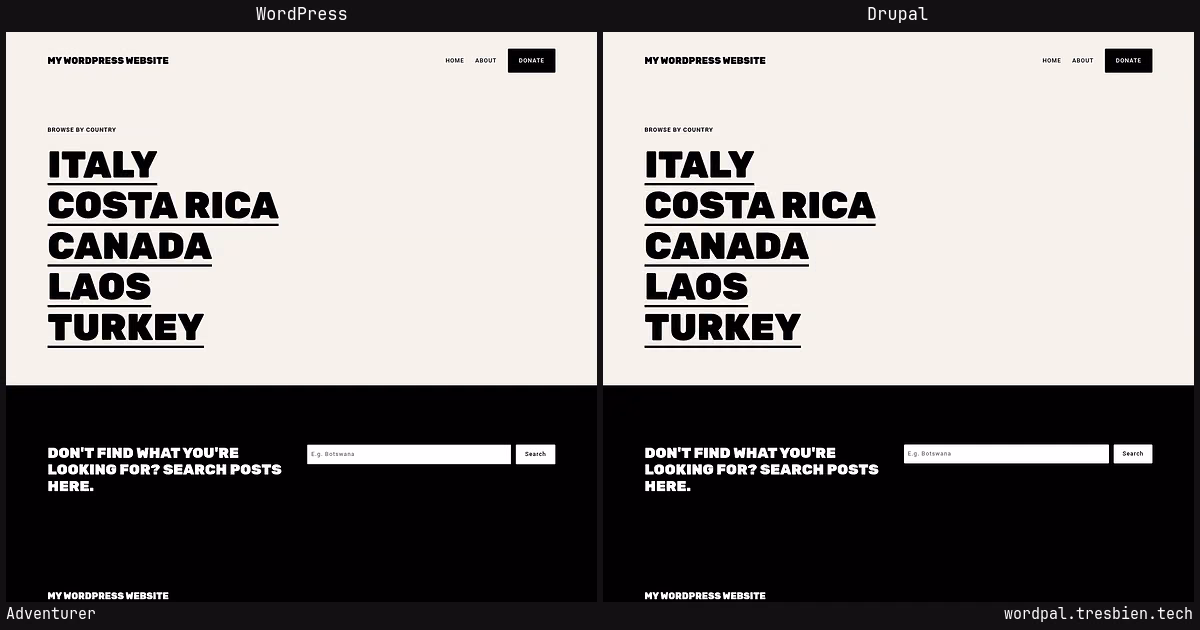 Adventurer home page: WordPress original on the left, Drupal conversion by WordPal on the right. 2 elements differ.