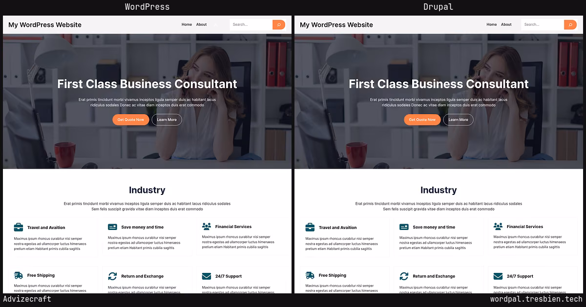 Advizecraft home page: WordPress original on the left, Drupal conversion by WordPal on the right. 1 elements differ.