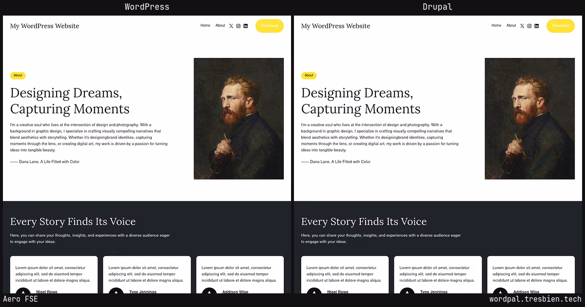 Aero FSE home page: WordPress original on the left, Drupal conversion by WordPal on the right. 10 elements differ.