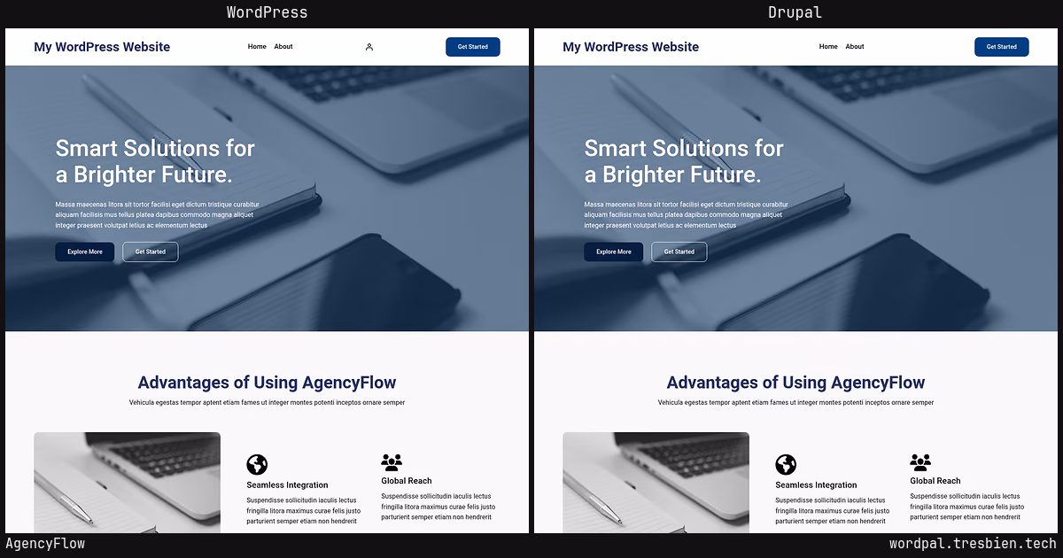 AgencyFlow home page: WordPress original on the left, Drupal conversion by WordPal on the right. 4 elements differ.