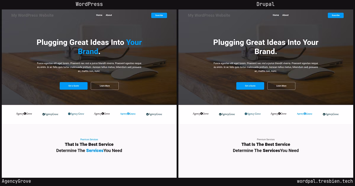 AgencyGrove home page: WordPress original on the left, Drupal conversion by WordPal on the right. 25 elements differ.