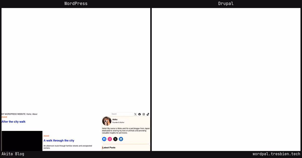 Akita Blog home page: WordPress original on the left, Drupal conversion by WordPal on the right. 2 elements differ.