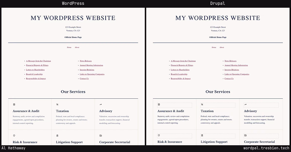 Al Hathaway home page: WordPress original on the left, Drupal conversion by WordPal on the right. 10 elements differ.