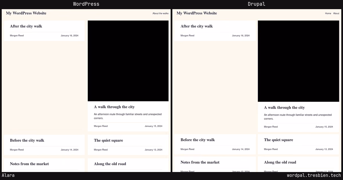 Alara home page: WordPress original on the left, Drupal conversion by WordPal on the right. 1 elements differ.