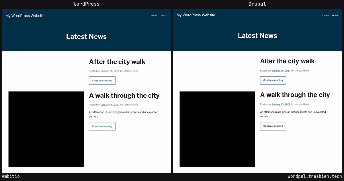 Ambitio home page: WordPress original on the left, Drupal conversion by WordPal on the right.