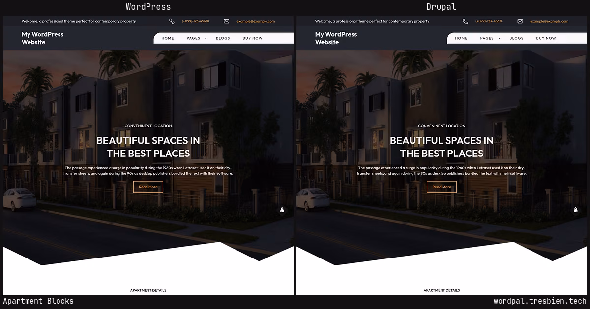 Apartment Blocks home page: WordPress original on the left, Drupal conversion by WordPal on the right. 1 elements differ.