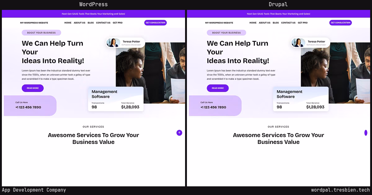 App Development Company home page: WordPress original on the left, Drupal conversion by WordPal on the right. 19 elements differ.