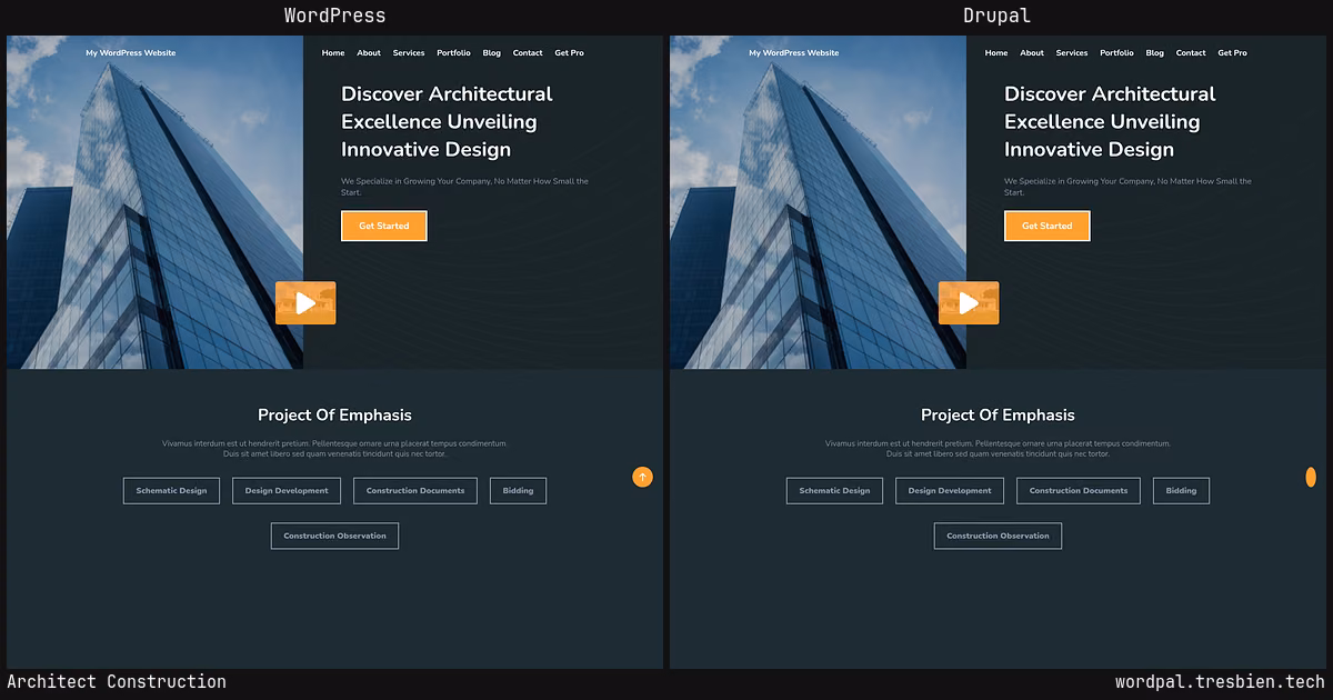 Architect Construction home page: WordPress original on the left, Drupal conversion by WordPal on the right. 13 elements differ.