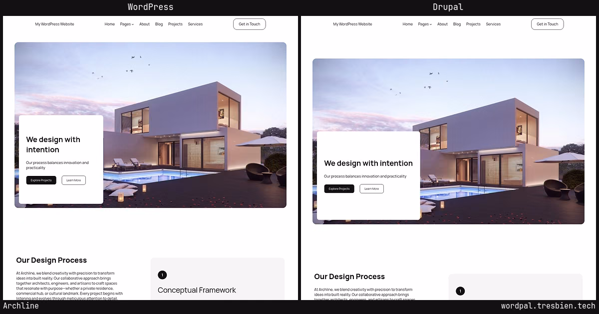 Archline home page: WordPress original on the left, Drupal conversion by WordPal on the right.