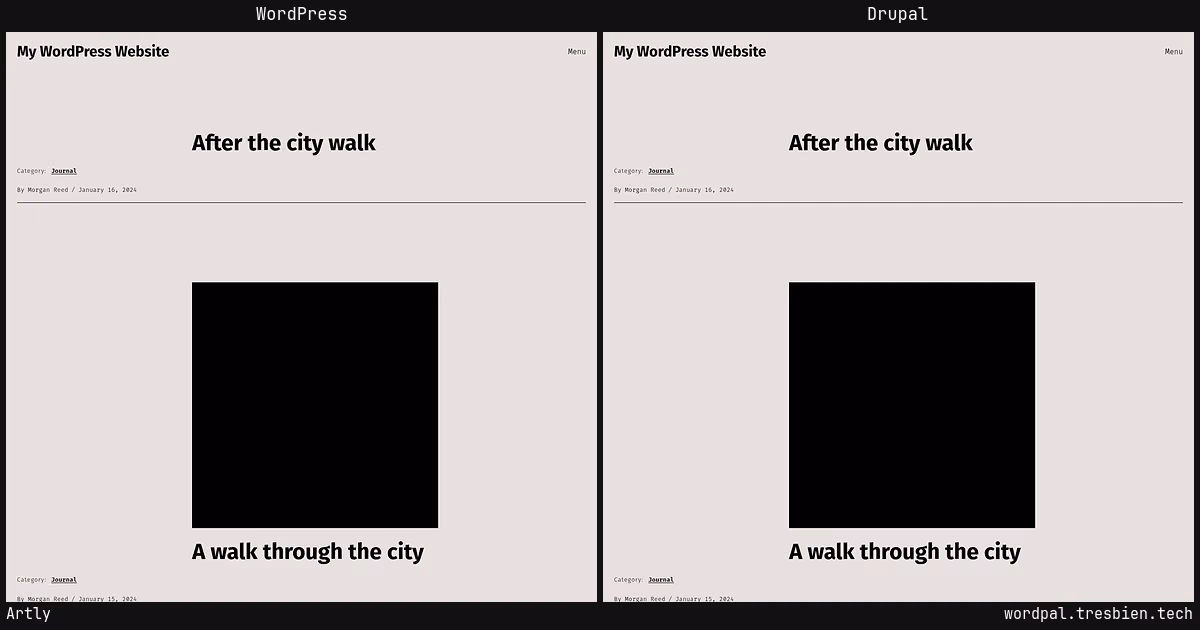 Artly home page: WordPress original on the left, Drupal conversion by WordPal on the right. 1 elements differ.