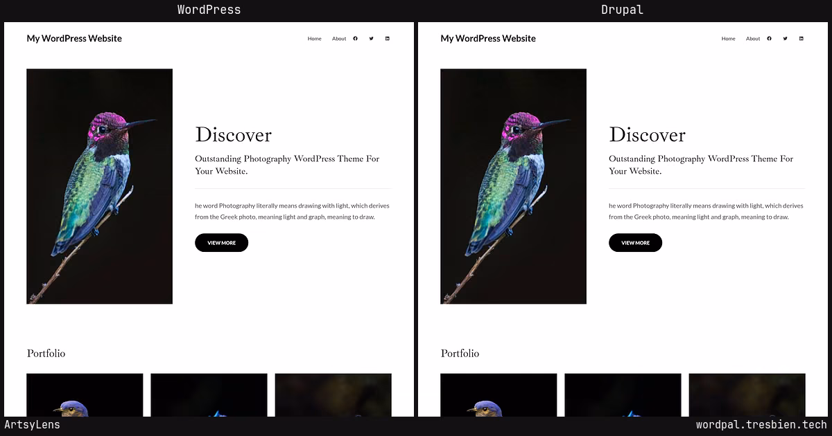 ArtsyLens home page: WordPress original on the left, Drupal conversion by WordPal on the right. 4 elements differ.