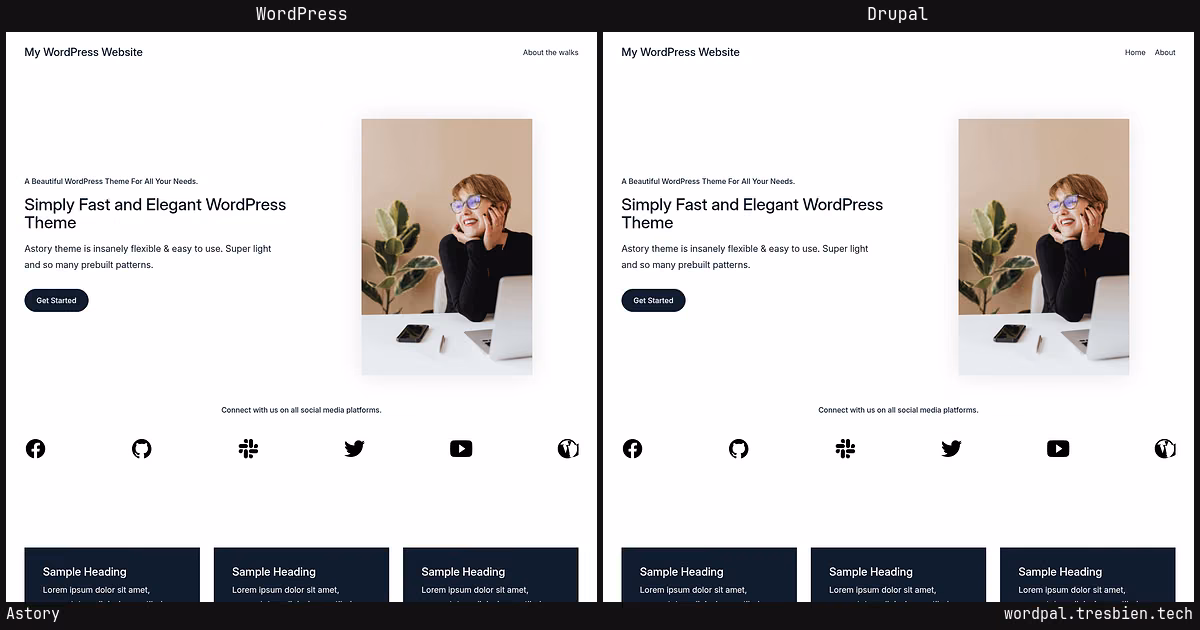 Astory home page: WordPress original on the left, Drupal conversion by WordPal on the right. 5 elements differ.