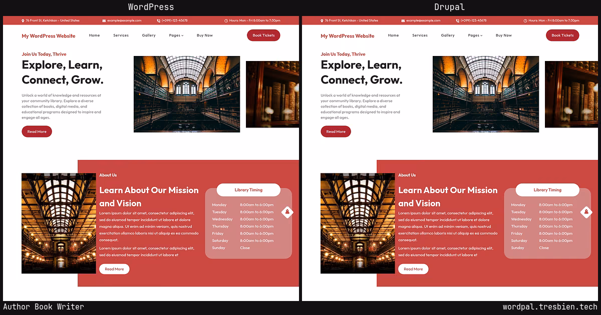 Author Book Writer home page: WordPress original on the left, Drupal conversion by WordPal on the right. 3 elements differ.