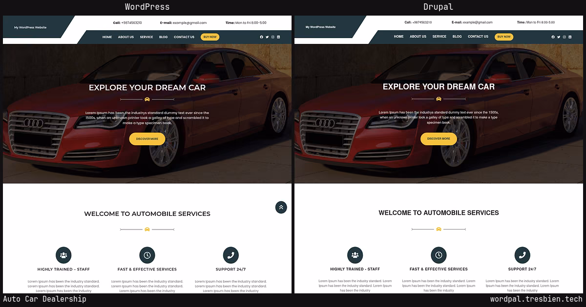 Auto Car Dealership home page: WordPress original on the left, Drupal conversion by WordPal on the right. 4 elements differ.
