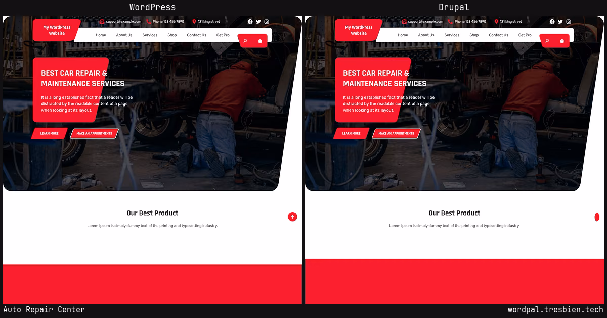 Auto Repair Center home page: WordPress original on the left, Drupal conversion by WordPal on the right. 22 elements differ.
