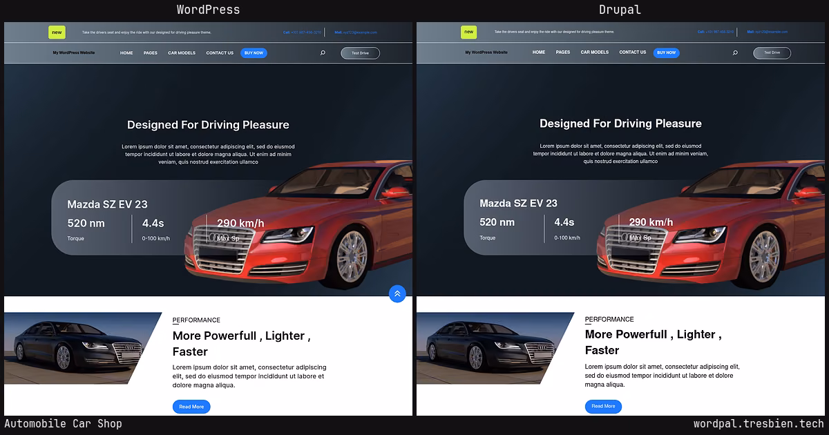 Automobile Car Shop home page: WordPress original on the left, Drupal conversion by WordPal on the right. 2 elements differ.