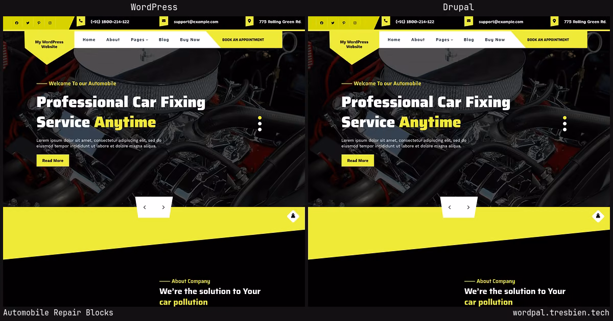 Automobile Repair Blocks home page: WordPress original on the left, Drupal conversion by WordPal on the right. 4 elements differ.
