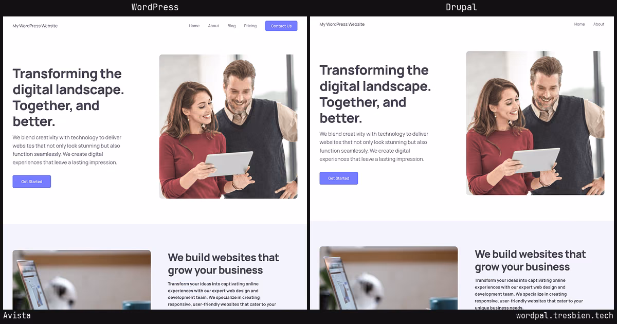 Avista home page: WordPress original on the left, Drupal conversion by WordPal on the right. 9 elements differ.