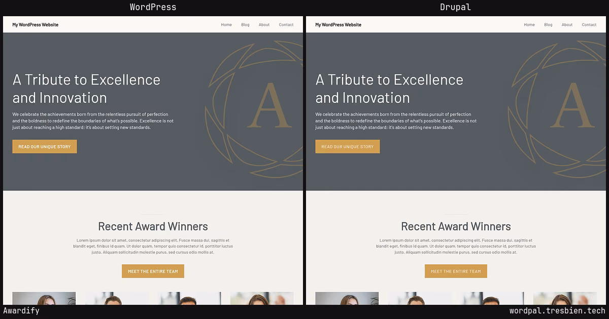 Awardify home page: WordPress original on the left, Drupal conversion by WordPal on the right. 8 elements differ.