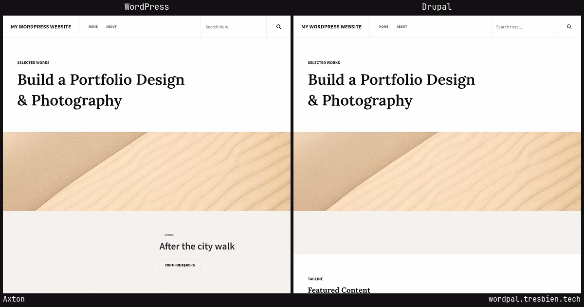 Axton home page: WordPress original on the left, Drupal conversion by WordPal on the right. 1 elements differ.