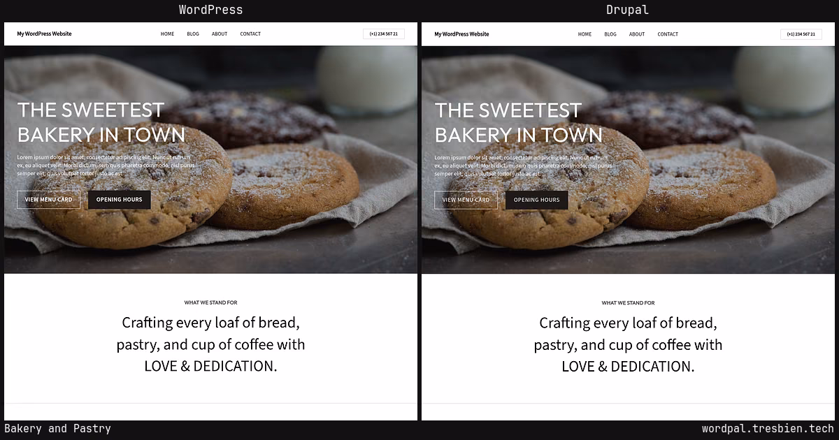 Bakery and Pastry home page: WordPress original on the left, Drupal conversion by WordPal on the right. 3 elements differ.