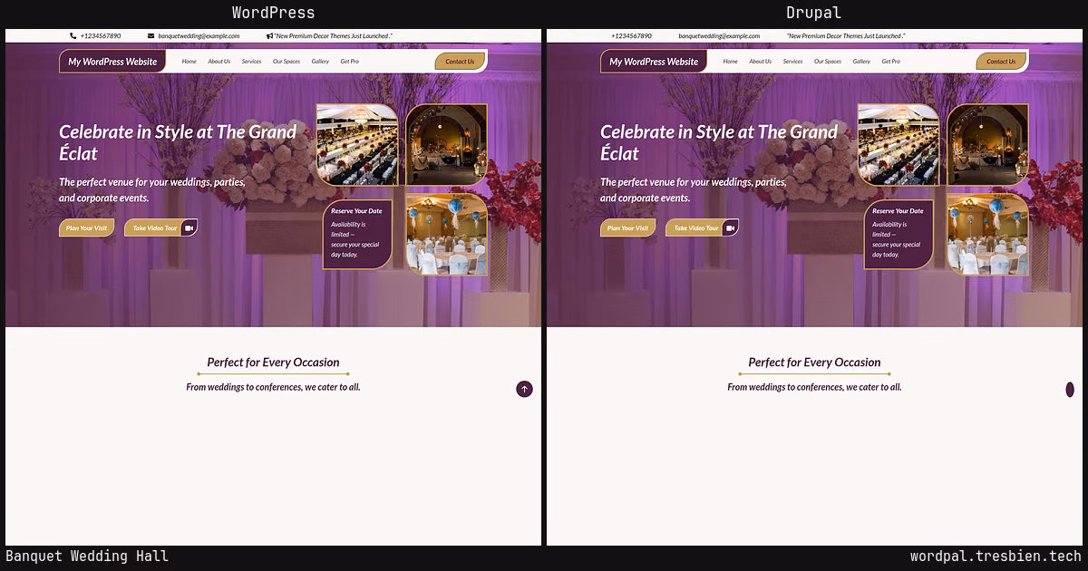 Banquet Wedding Hall home page: WordPress original on the left, Drupal conversion by WordPal on the right. 16 elements differ.