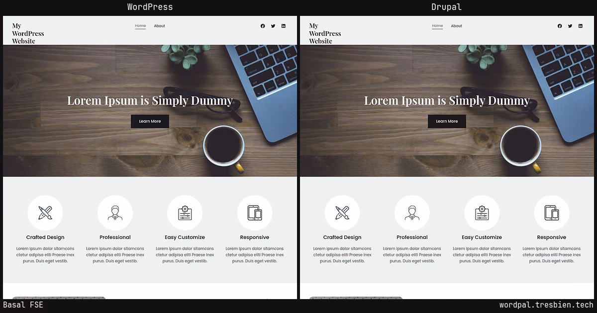Basal FSE home page: WordPress original on the left, Drupal conversion by WordPal on the right.