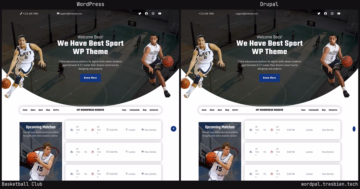 Basketball Club home page: WordPress original on the left, Drupal conversion by WordPal on the right. 22 elements differ.