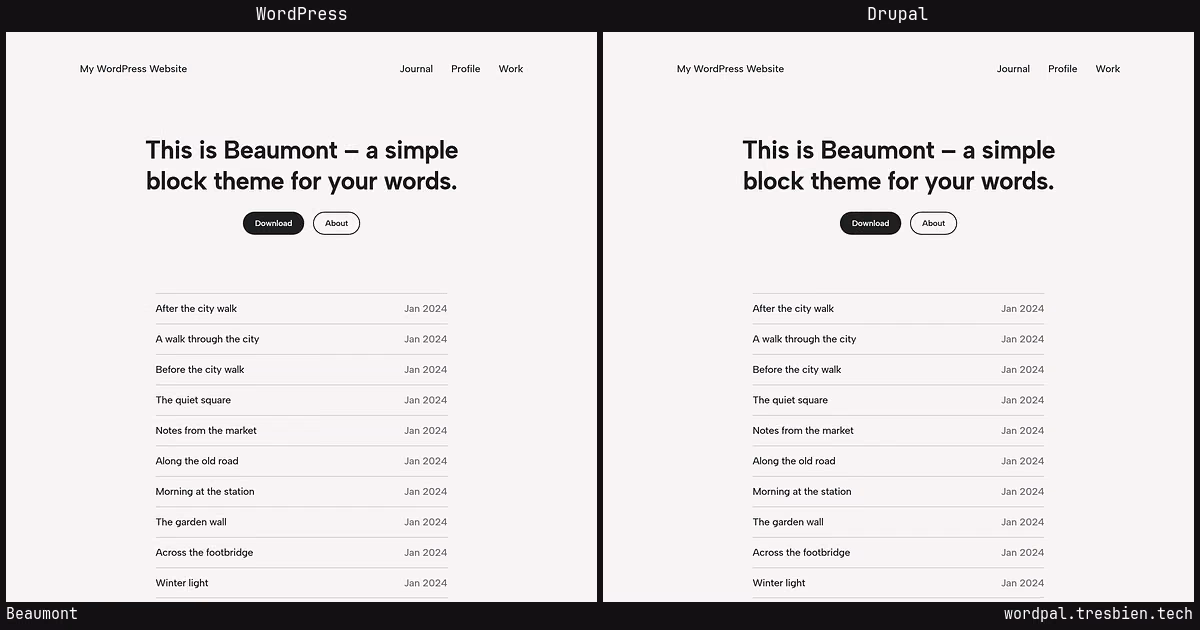 Beaumont home page: WordPress original on the left, Drupal conversion by WordPal on the right.