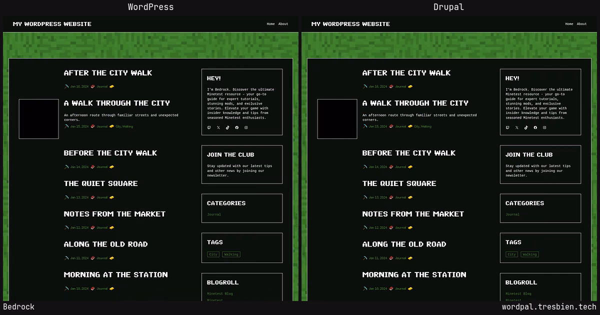 Bedrock home page: WordPress original on the left, Drupal conversion by WordPal on the right.