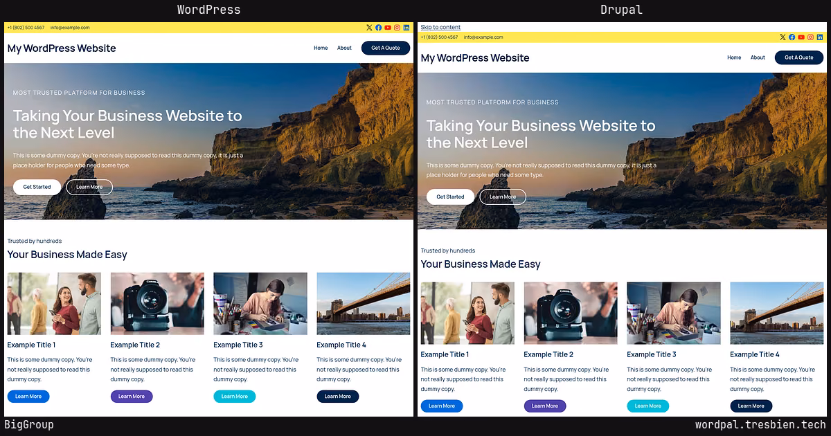 BigGroup home page: WordPress original on the left, Drupal conversion by WordPal on the right. 7 elements differ.