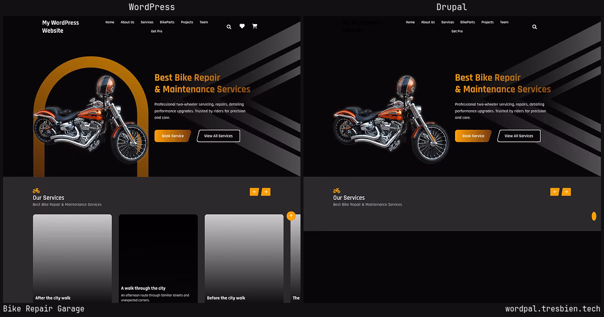 Bike Repair Garage home page: WordPress original on the left, Drupal conversion by WordPal on the right. 25 elements differ.