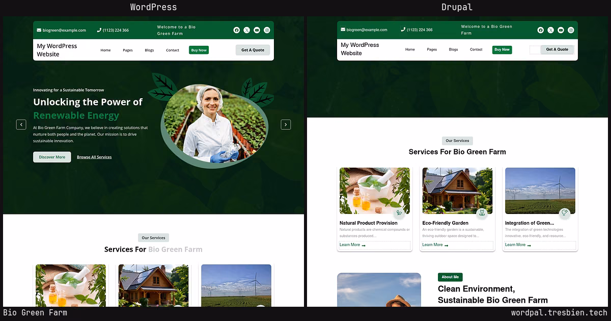 Bio Green Farm home page: WordPress original on the left, Drupal conversion by WordPal on the right. 31 elements differ.