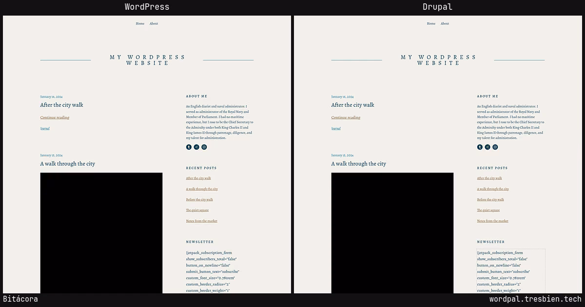 Bitácora home page: WordPress original on the left, Drupal conversion by WordPal on the right.