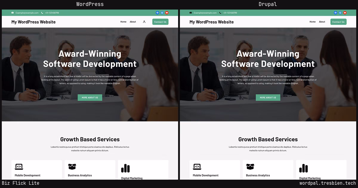 Biz Flick Lite home page: WordPress original on the left, Drupal conversion by WordPal on the right. 8 elements differ.