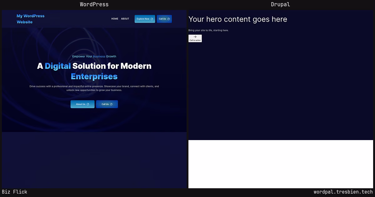 Biz Flick home page: WordPress original on the left, Drupal conversion by WordPal on the right.