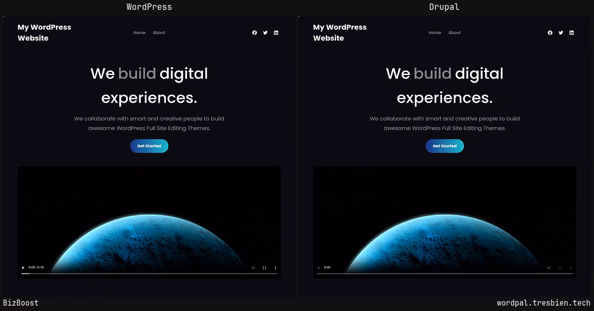 BizBoost home page: WordPress original on the left, Drupal conversion by WordPal on the right.