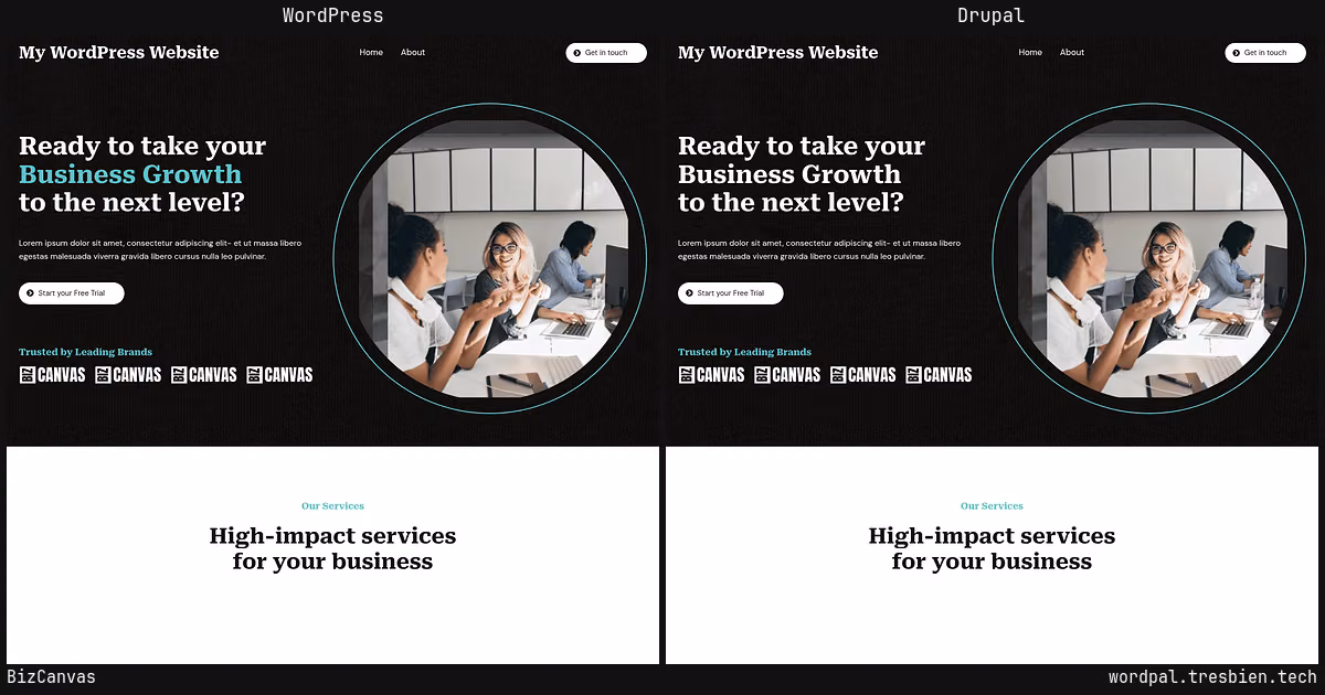 BizCanvas home page: WordPress original on the left, Drupal conversion by WordPal on the right. 14 elements differ.