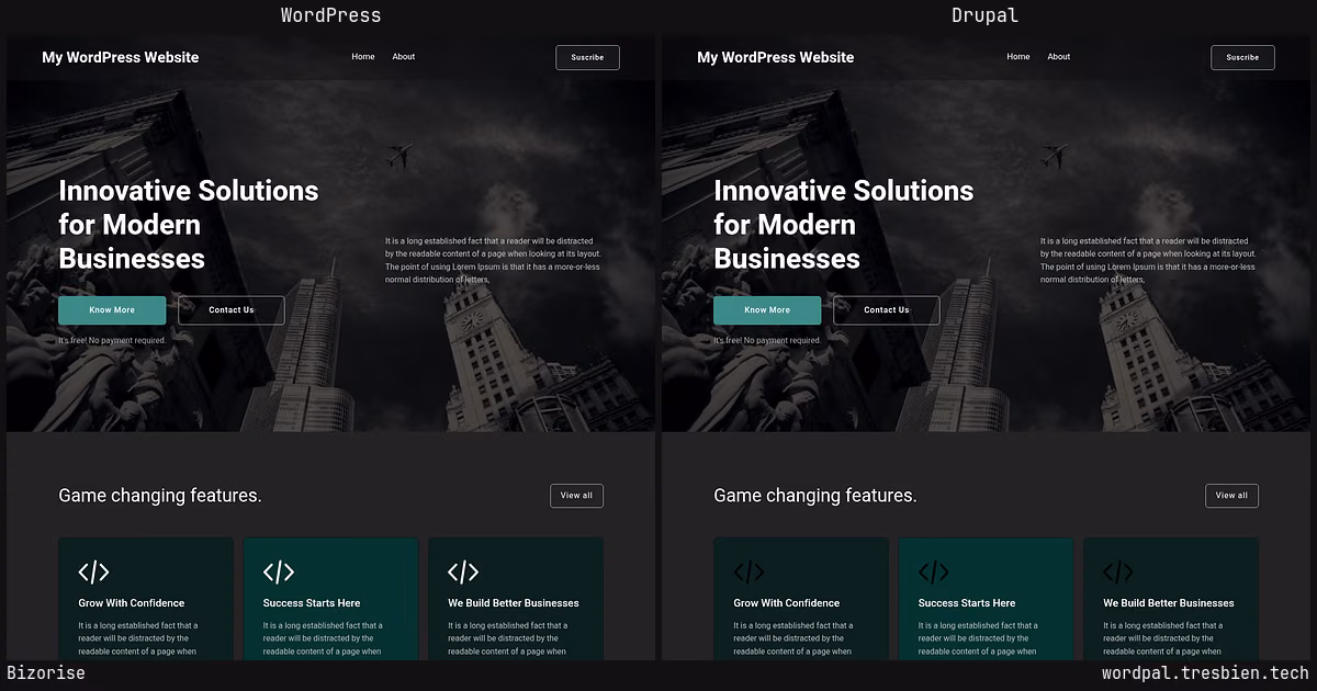 Bizorise home page: WordPress original on the left, Drupal conversion by WordPal on the right. 7 elements differ.