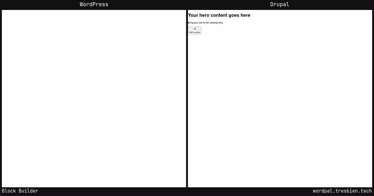 Block Builder home page: WordPress original on the left, Drupal conversion by WordPal on the right.