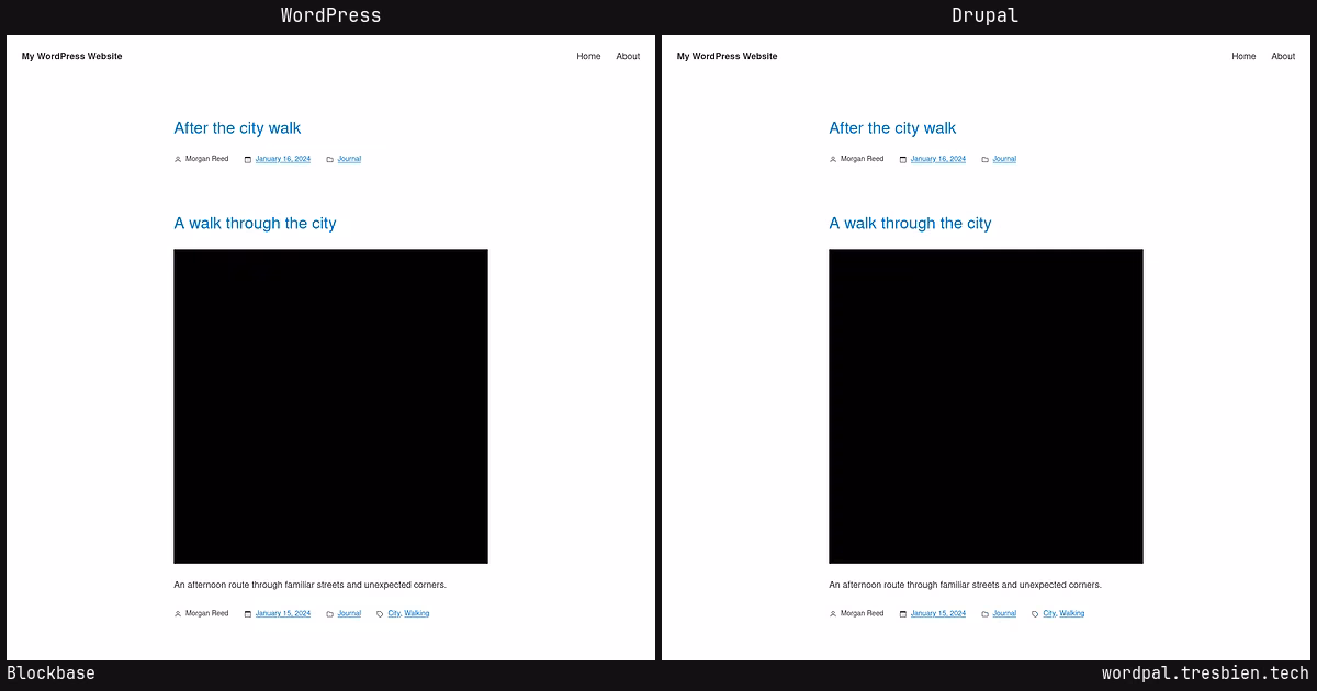 Blockbase home page: WordPress original on the left, Drupal conversion by WordPal on the right.