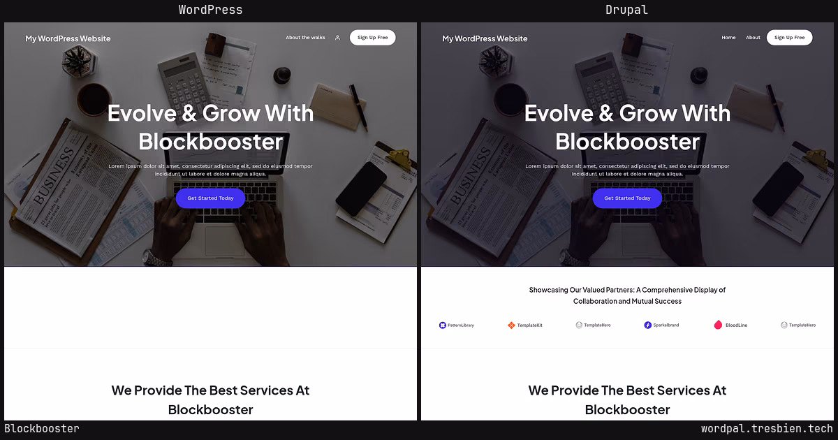 Blockbooster home page: WordPress original on the left, Drupal conversion by WordPal on the right. 9 elements differ.
