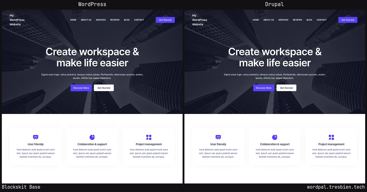 Blockskit Base home page: WordPress original on the left, Drupal conversion by WordPal on the right.