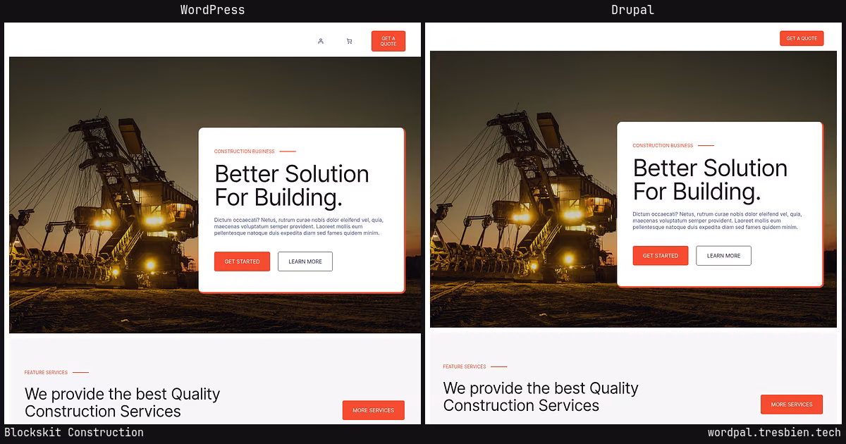 Blockskit Construction home page: WordPress original on the left, Drupal conversion by WordPal on the right. 1 elements differ.
